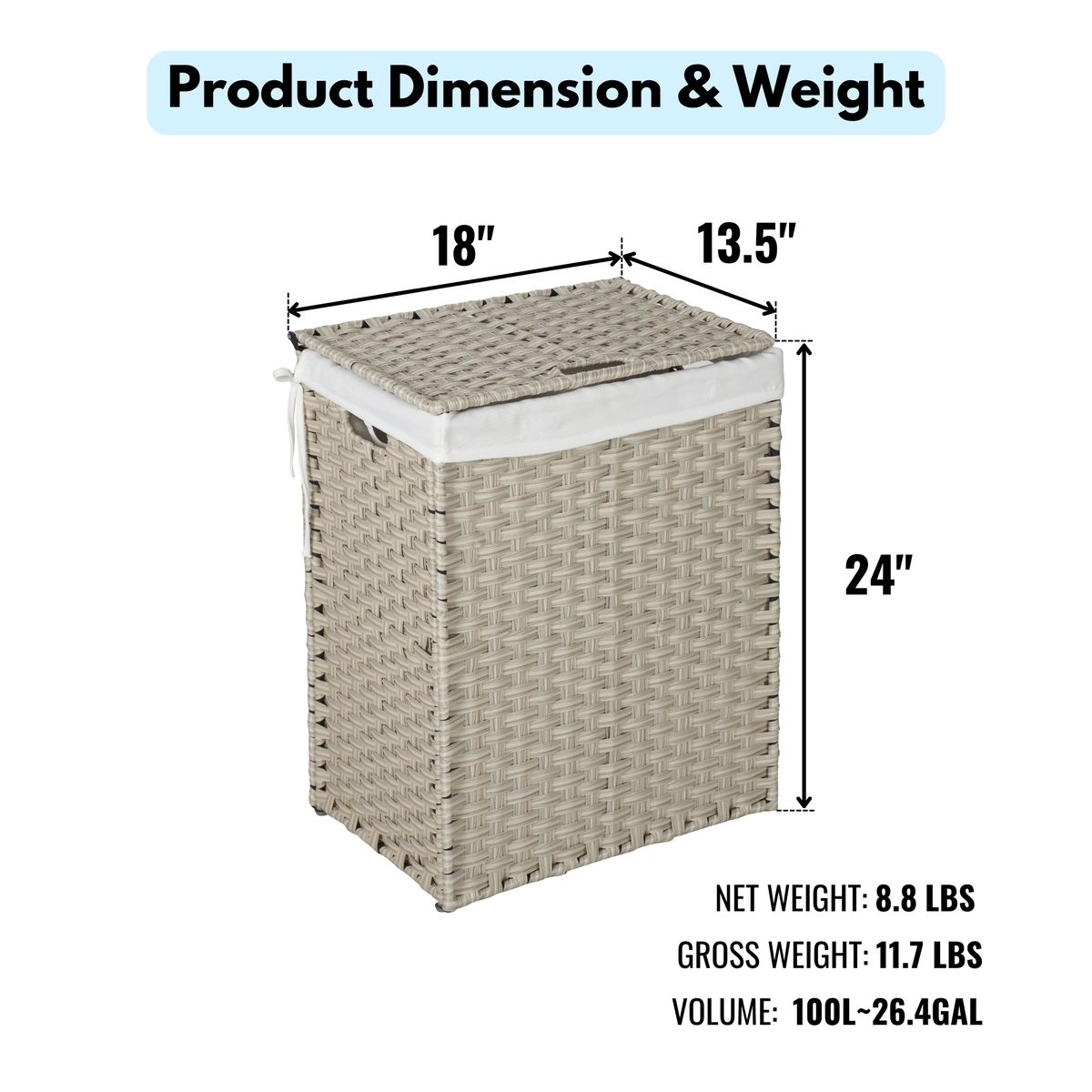 100L Laundry Hamper With Lid and Removable Liners