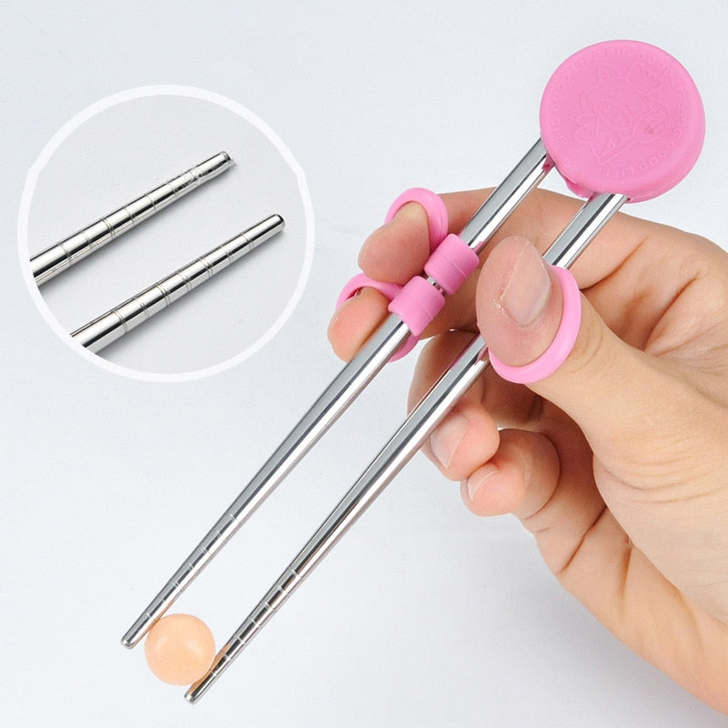 Kids Training Chopsticks With Finger Rings, Stainless Steel