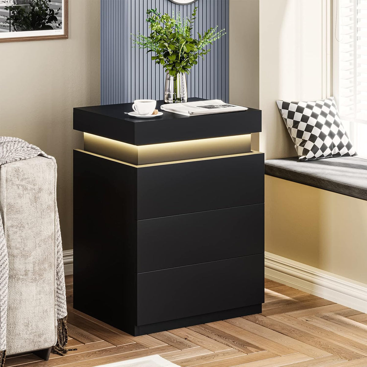 Modern Black LED Nightstand with Multi-Colour Glow