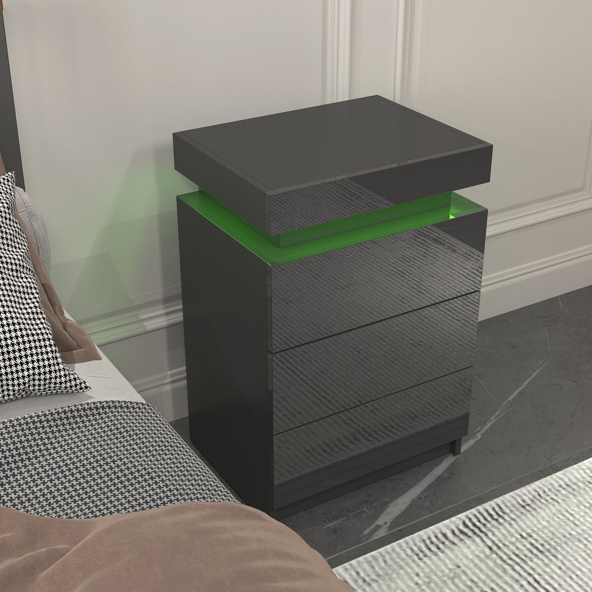 Modern Black LED Nightstand with Multi-Colour Glow