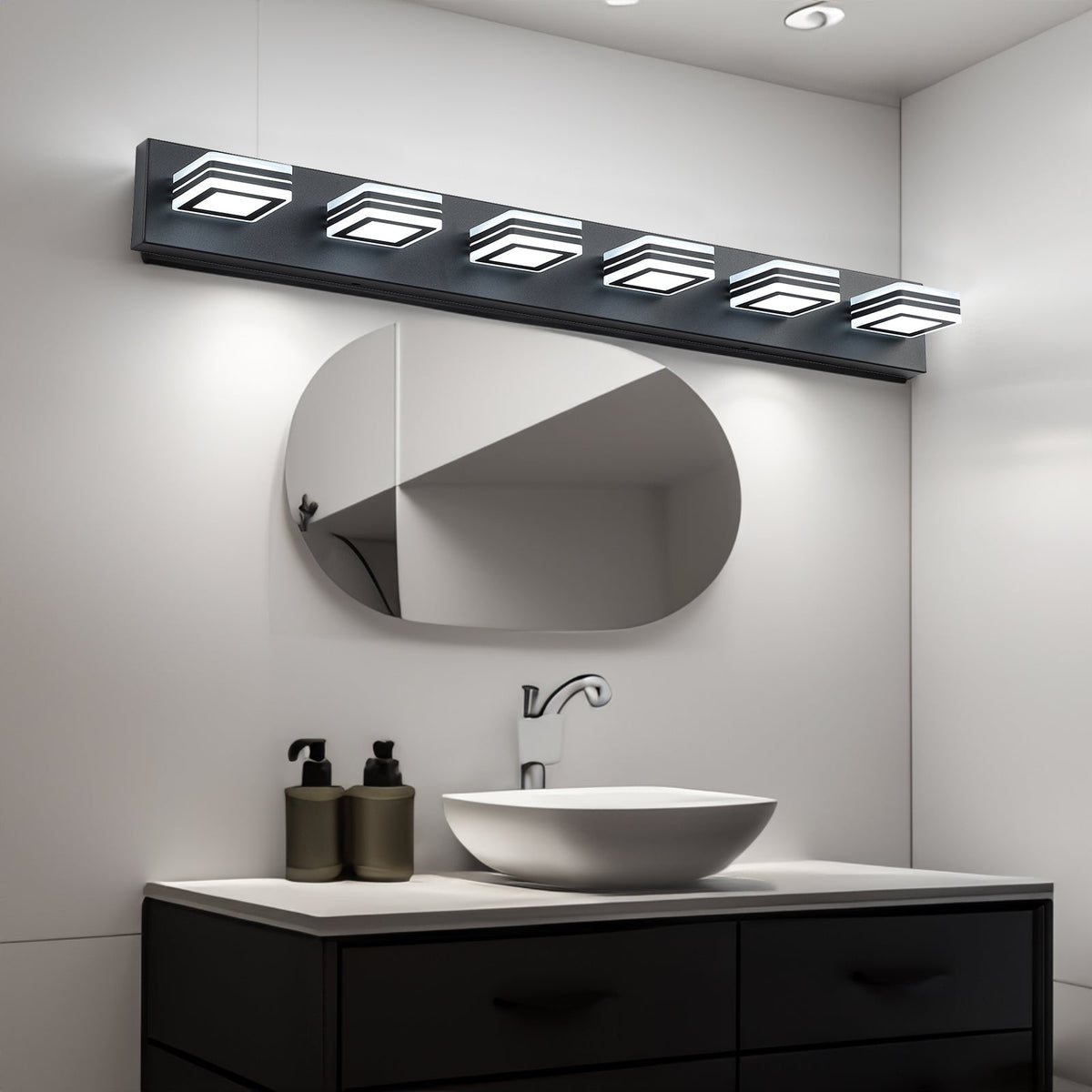 Modern Black LED Vanity Light, 6 Lights, 360° Rotating