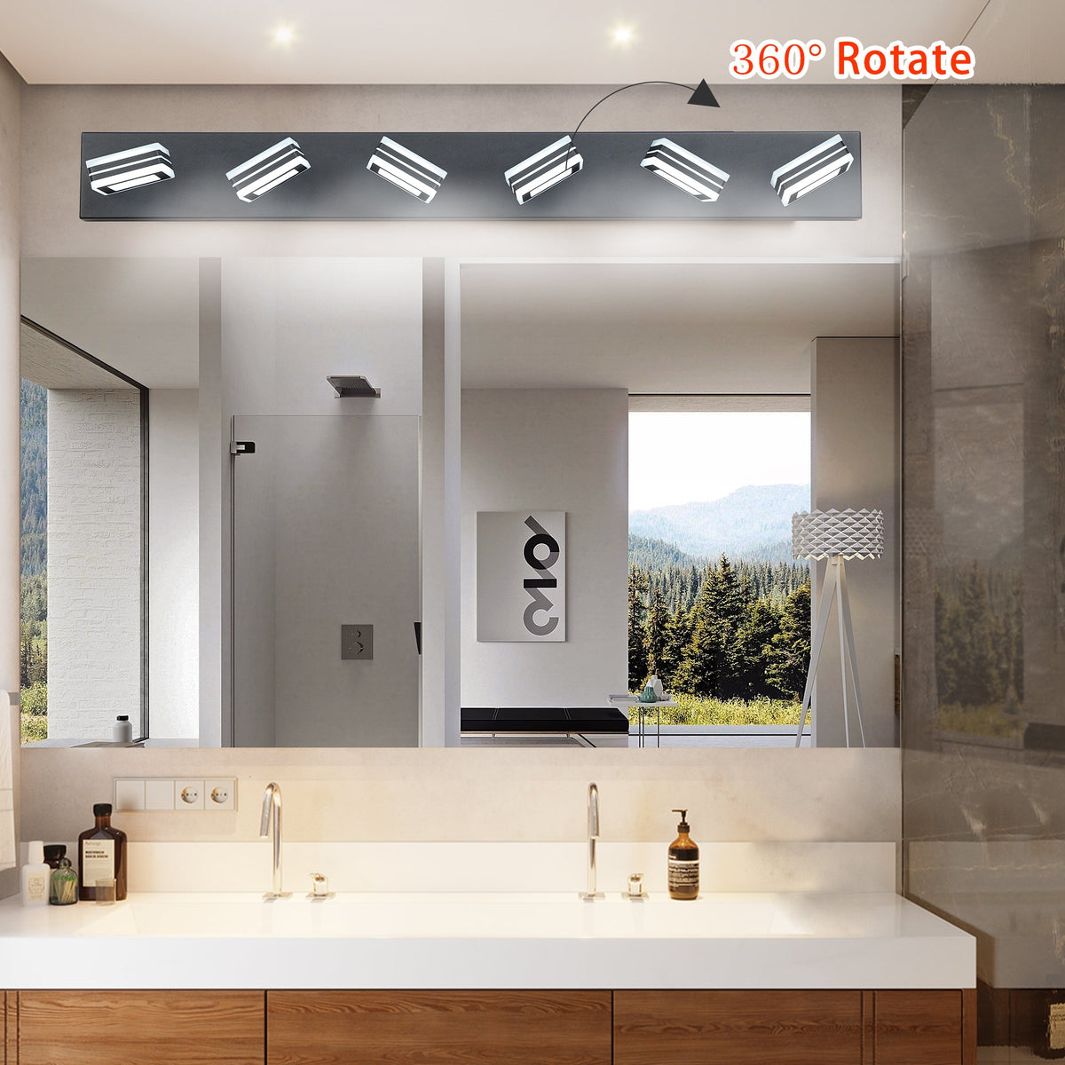 Modern Black LED Vanity Light, 6 Lights, 360° Rotating