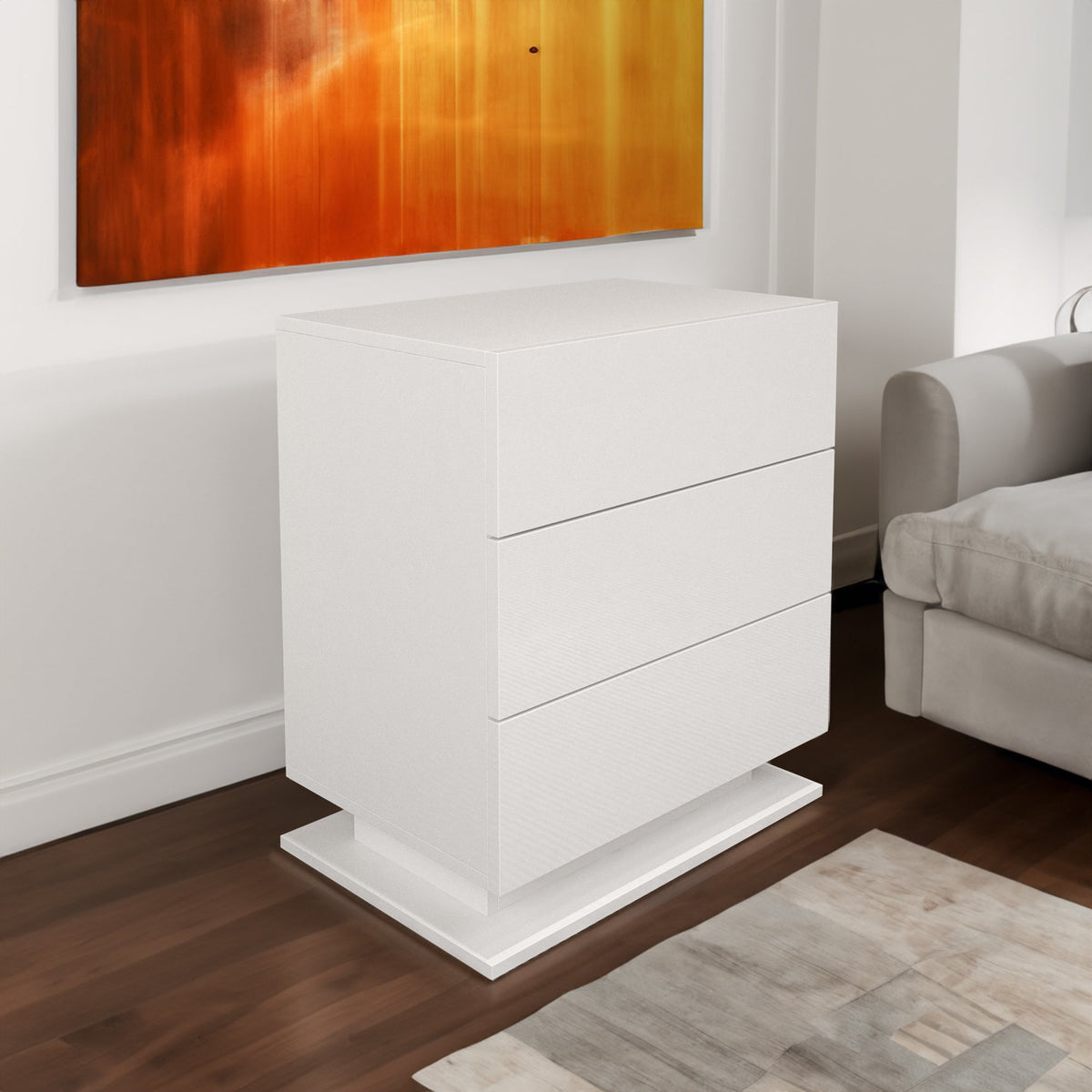 Modern 3-Drawer White Nightstand with LED Base Light