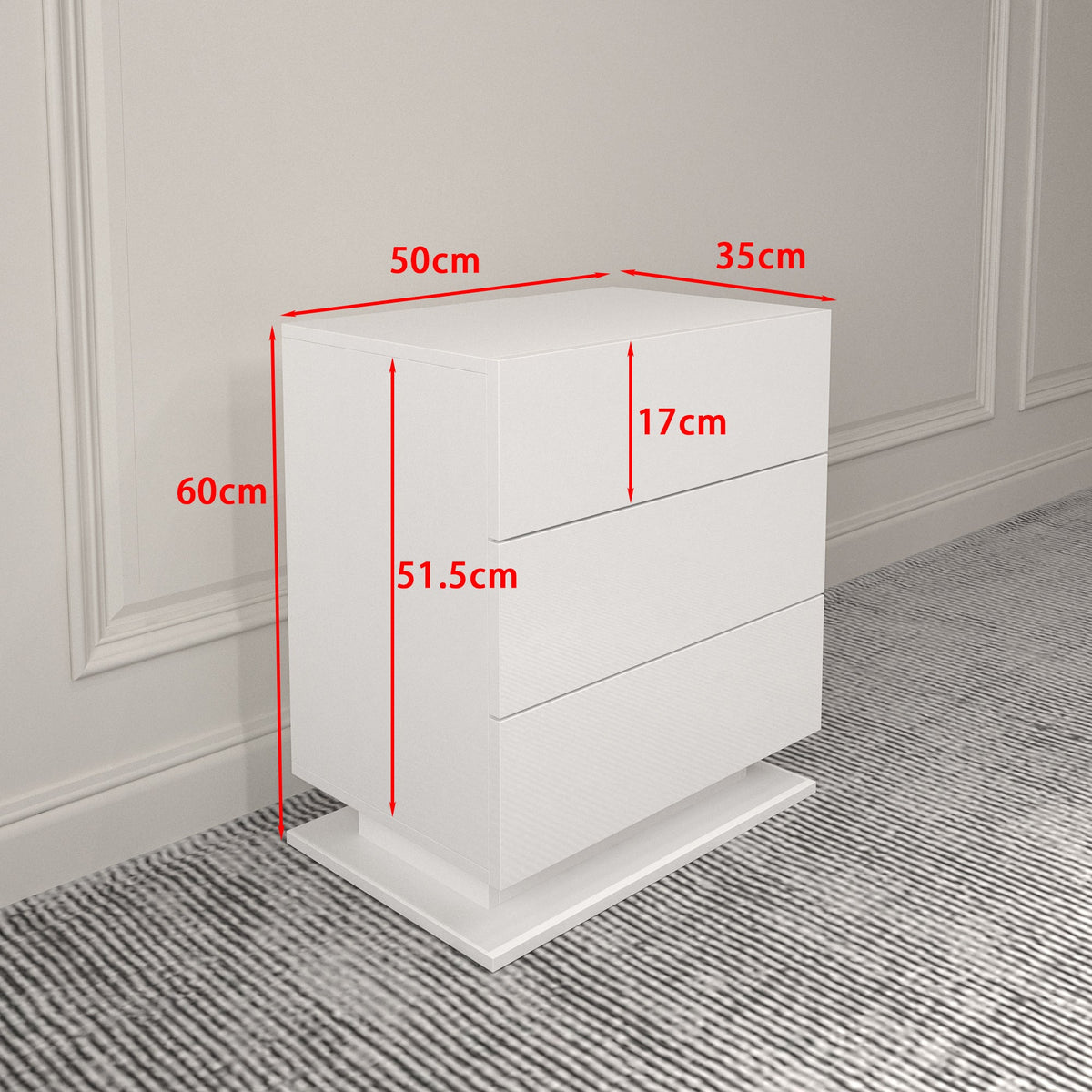 Modern 3-Drawer White Nightstand with LED Base Light
