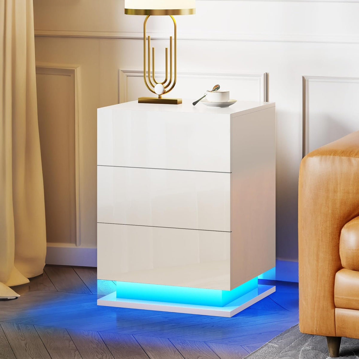 Modern 3-Drawer White Nightstand with LED Base Light
