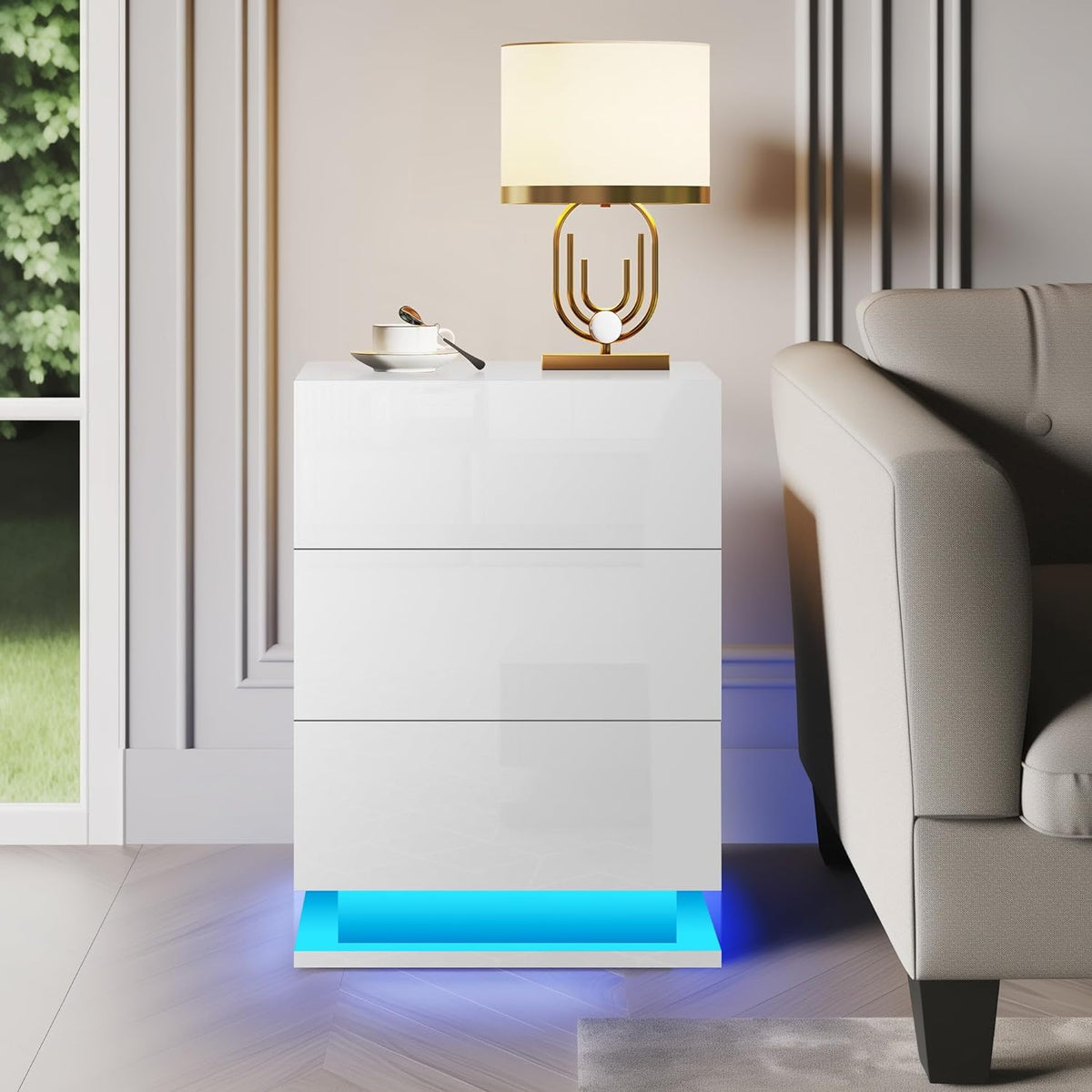 Modern 3-Drawer White Nightstand with LED Base Light