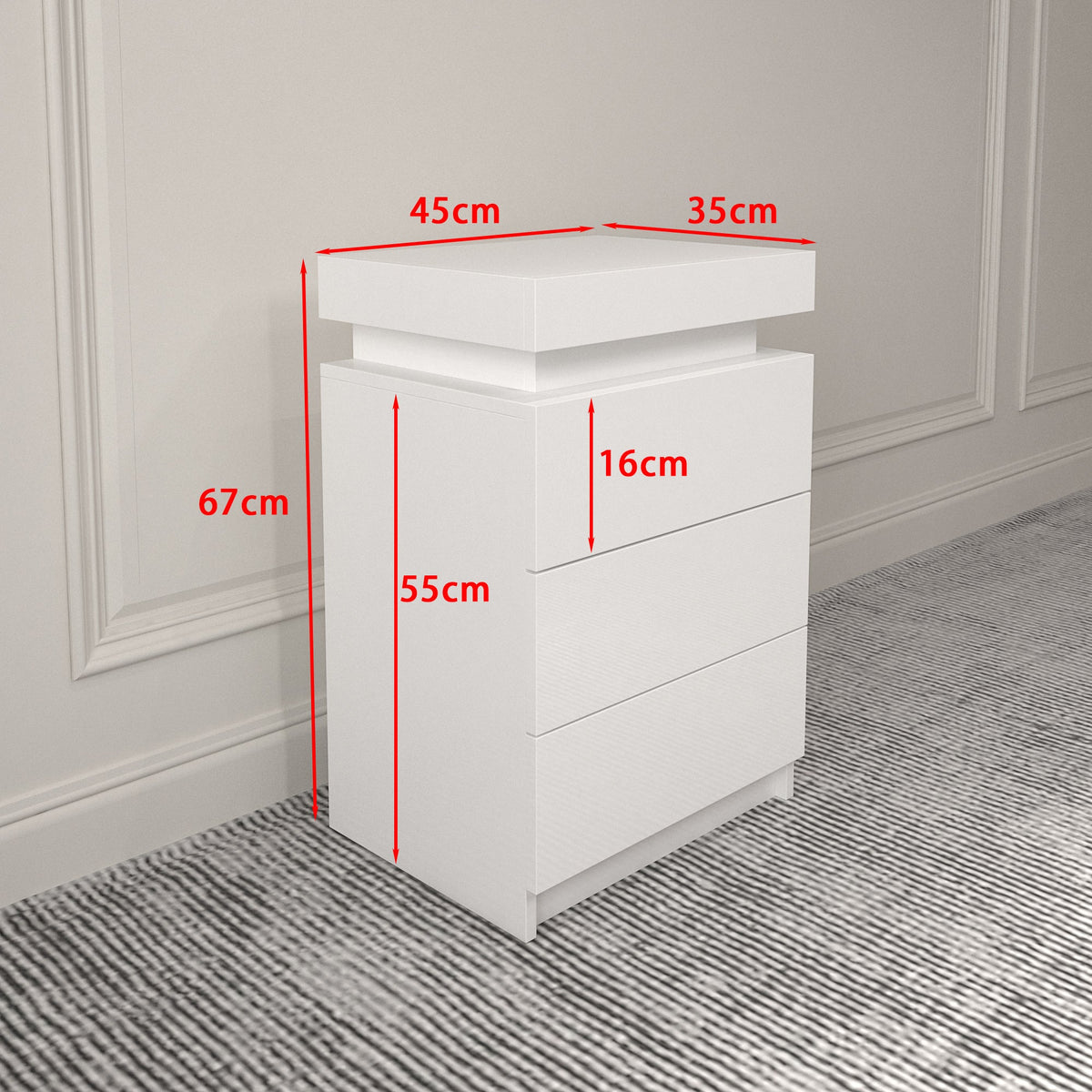 LED Nightstand with 3 Drawers and Ambient Night Glow
