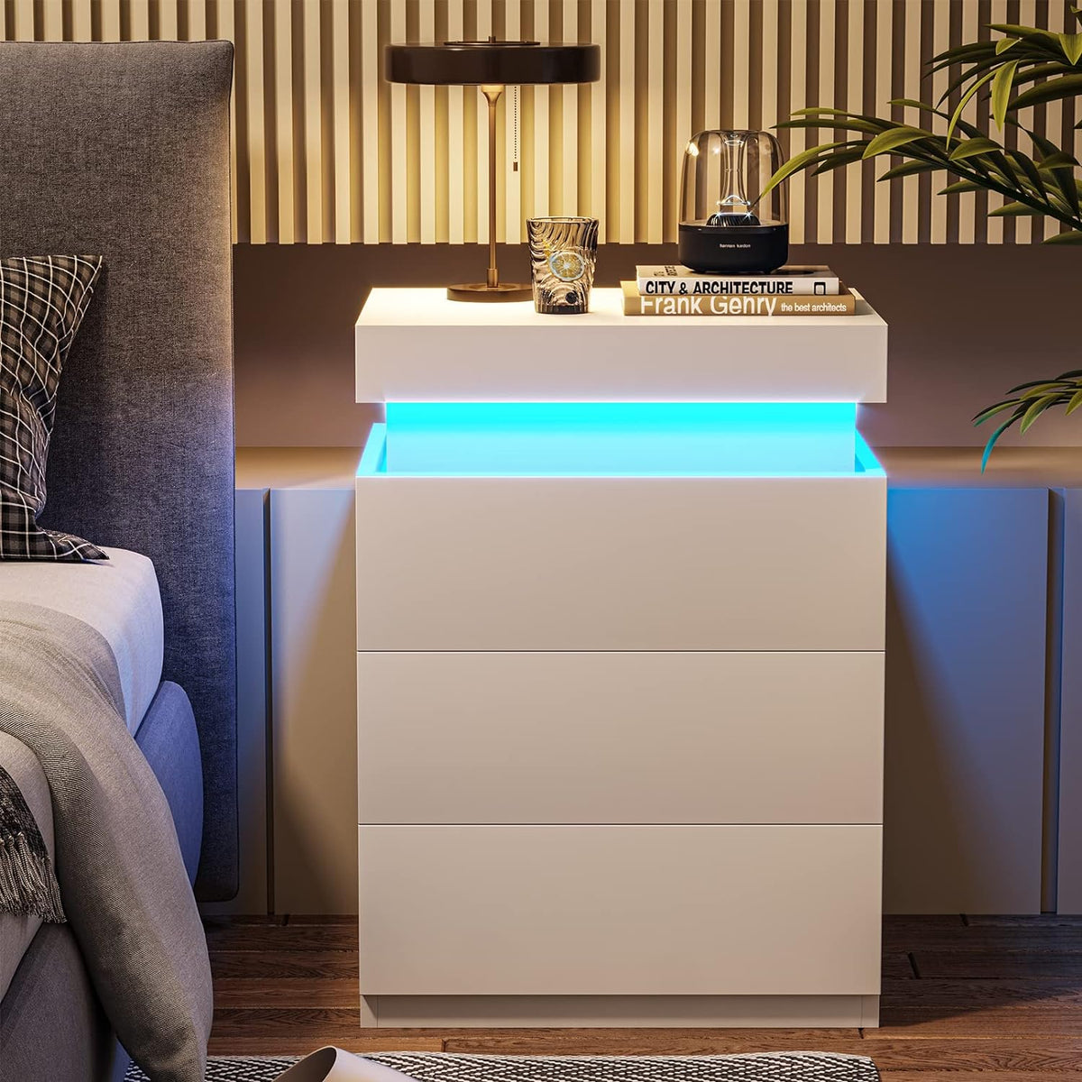 LED Nightstand with 3 Drawers and Ambient Night Glow