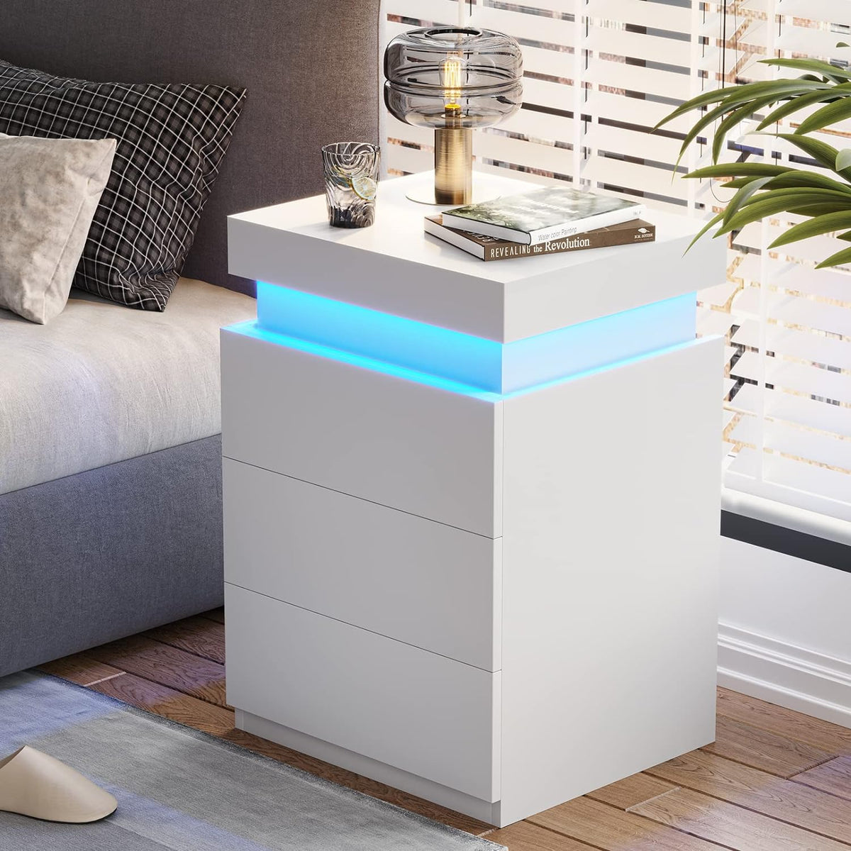 LED Nightstand with 3 Drawers and Ambient Night Glow