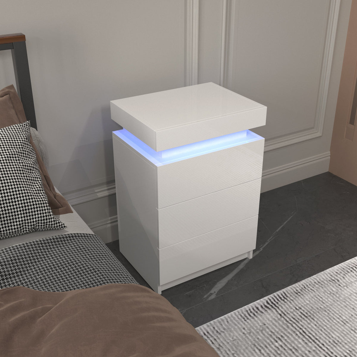 LED Nightstand with 3 Drawers and Ambient Night Glow