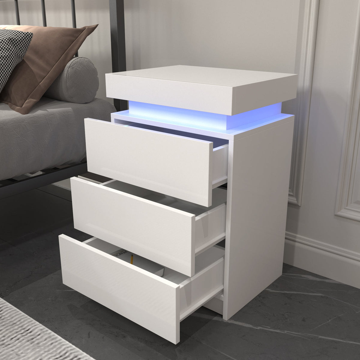 LED Nightstand with 3 Drawers and Ambient Night Glow