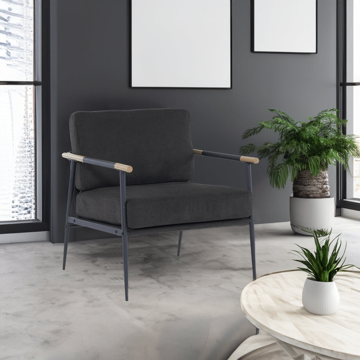 Black Accent Chair with Metal Frame and Plush Cushions