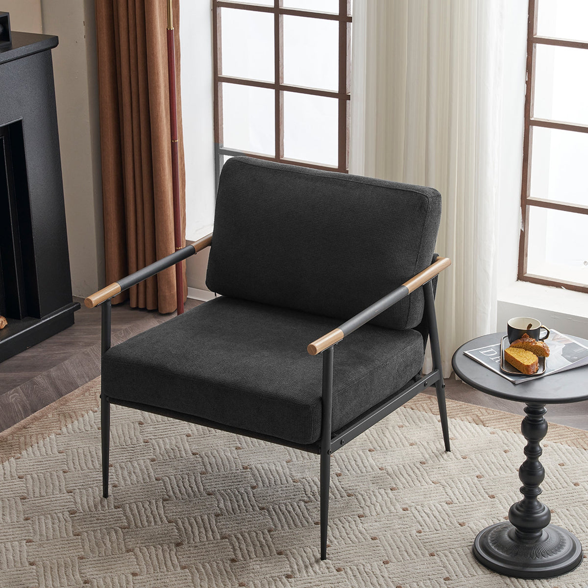 Black Accent Chair with Metal Frame and Plush Cushions