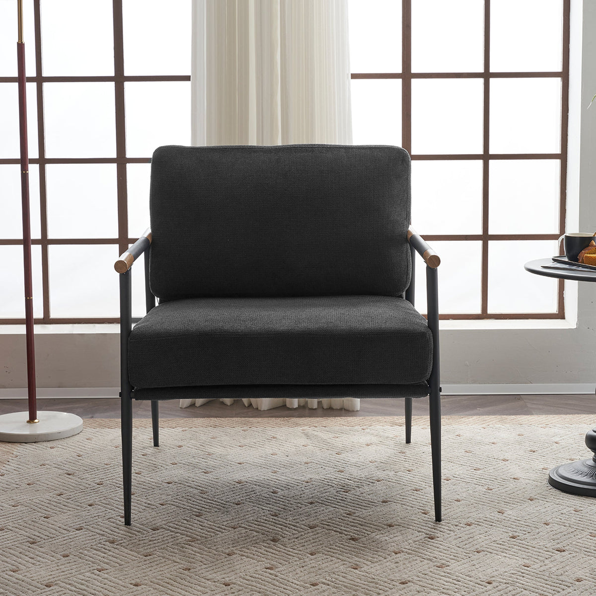 Black Accent Chair with Metal Frame and Plush Cushions