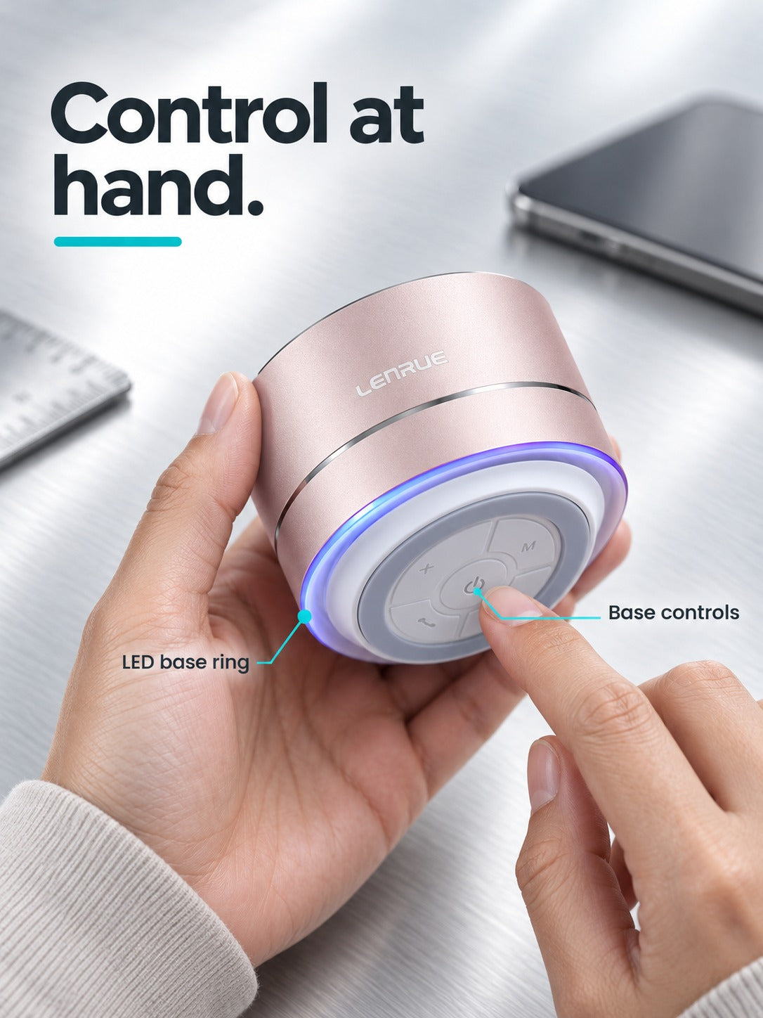Portable Bluetooth Speaker with LED Base Ring, Rose Gold