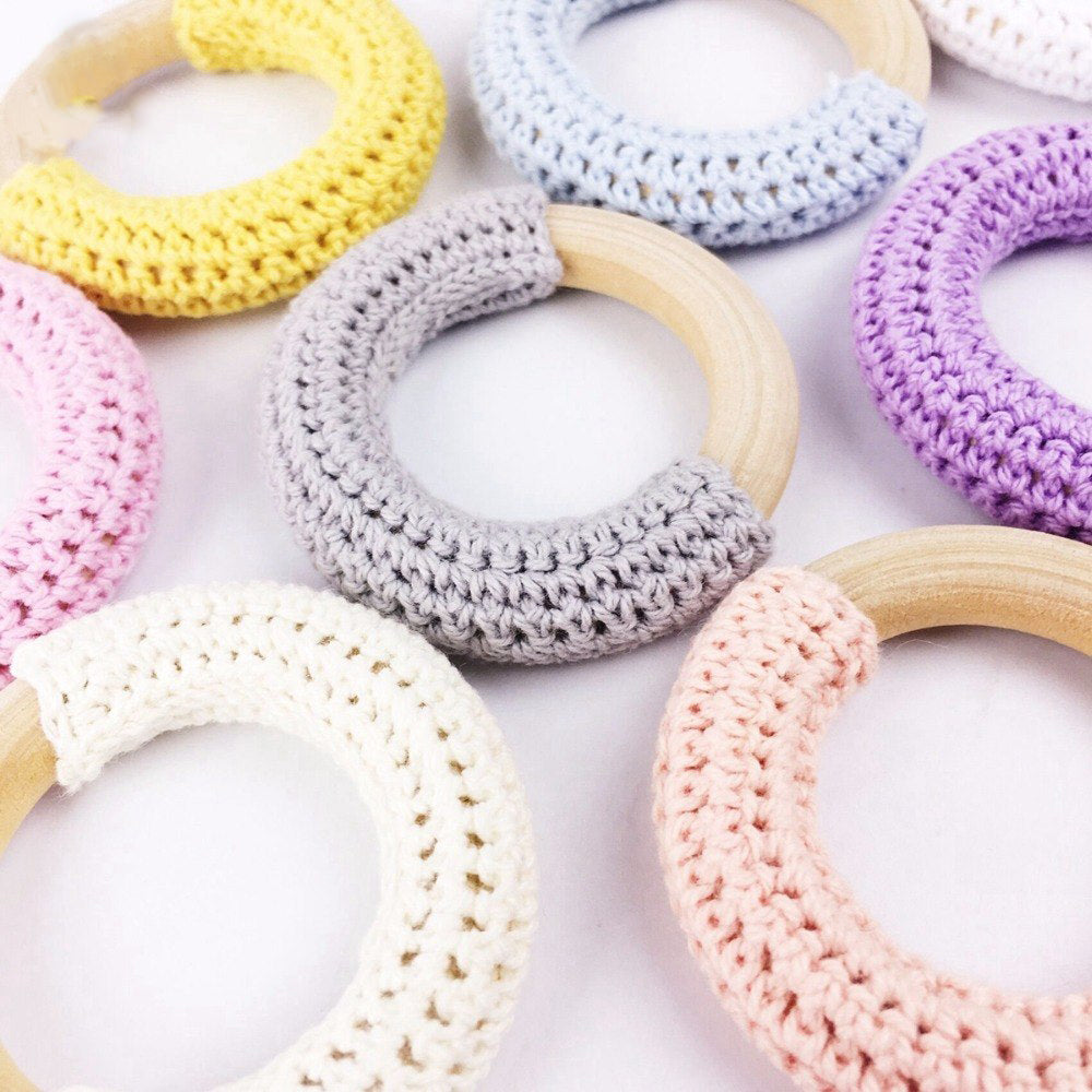 Wooden Baby Teether Rings With Soft Crochet Grip Set