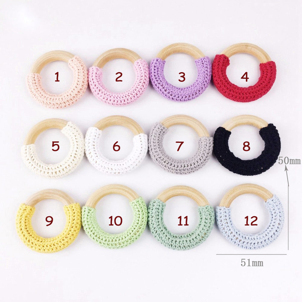 Wooden Baby Teether Rings With Soft Crochet Grip Set