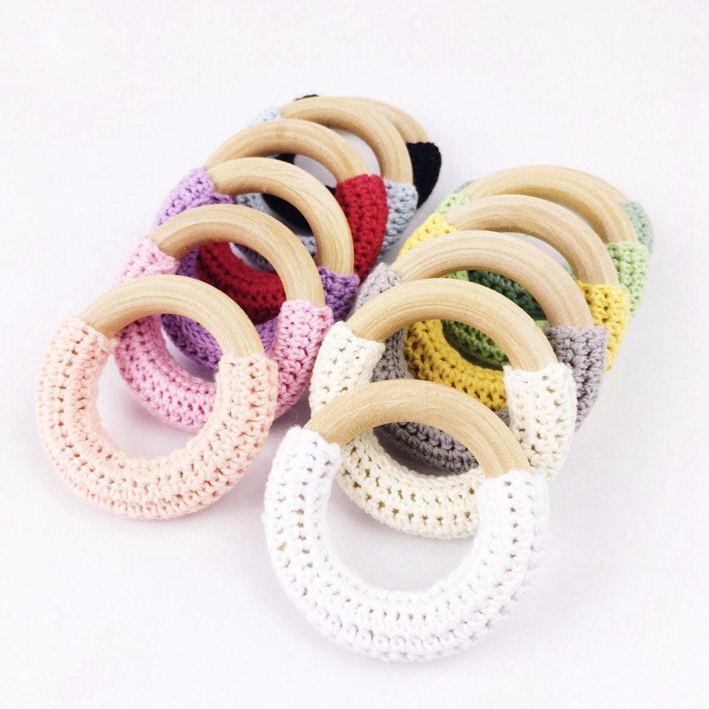 Wooden Baby Teether Rings With Soft Crochet Grip Set