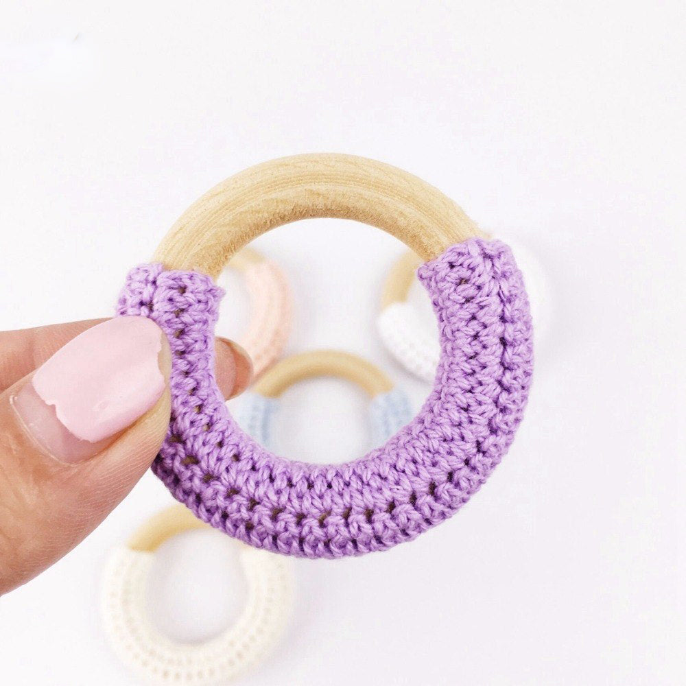 Wooden Baby Teether Rings With Soft Crochet Grip Set