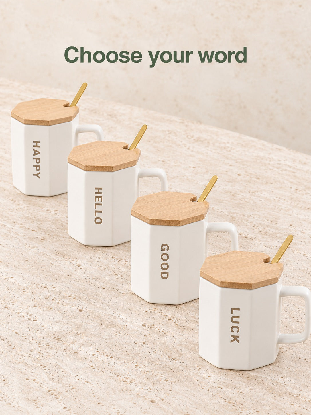 Letter Ceramic Mug With Bamboo Lid and Spoon