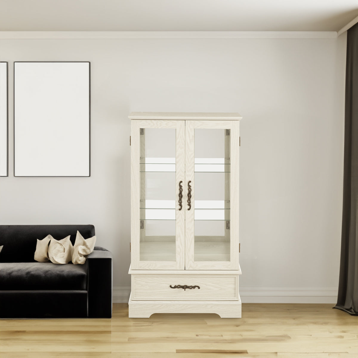 Light Oak Curio Cabinet with Glass Doors and Shelves