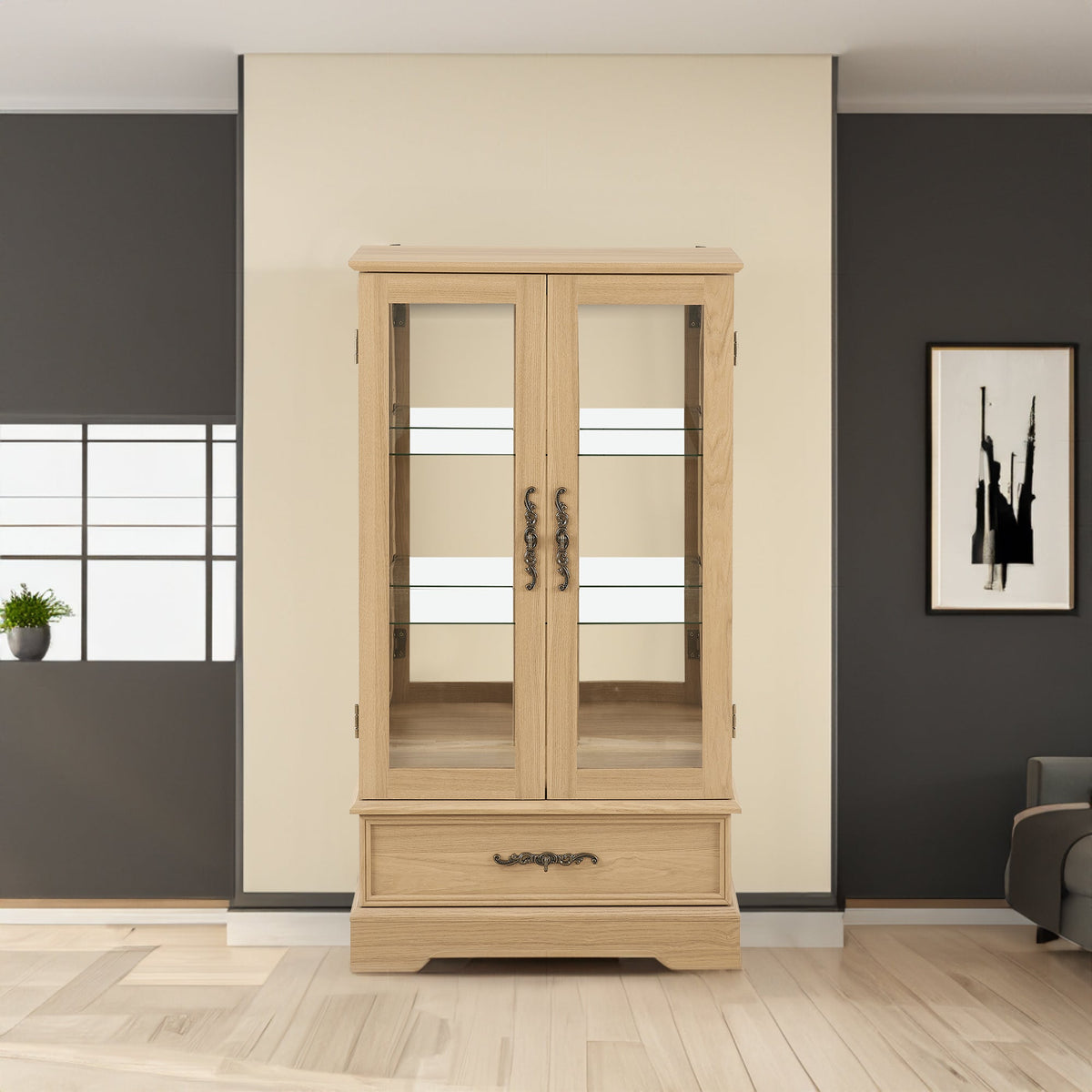 Light Oak Glass Curio Cabinet with Lighting and Drawer