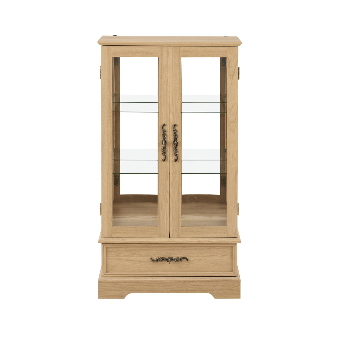 Light Oak Glass Curio Cabinet with Lighting and Drawer