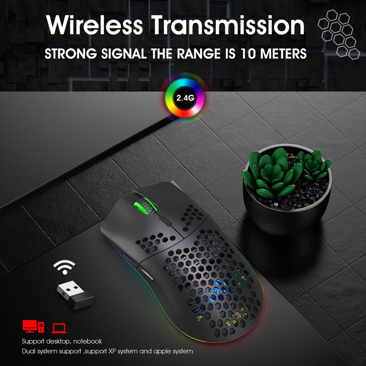 Lightweight RGB Wireless Mouse with Honeycomb Shell