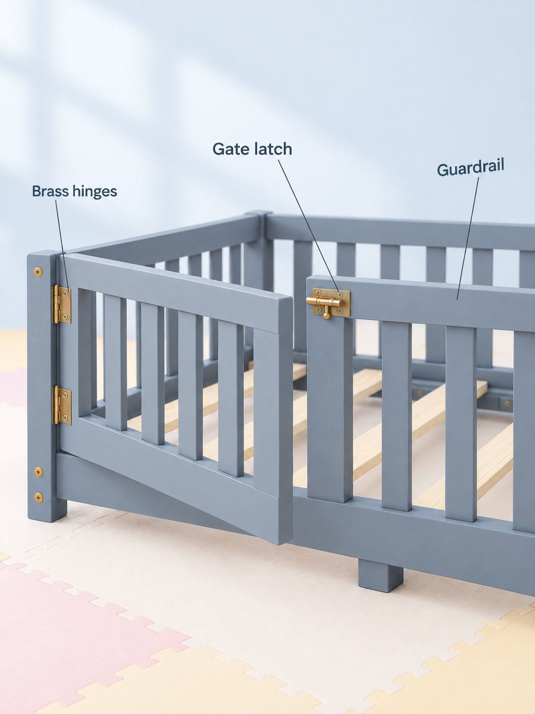 Low Floor Twin Bed with Guardrails and Door for Kids