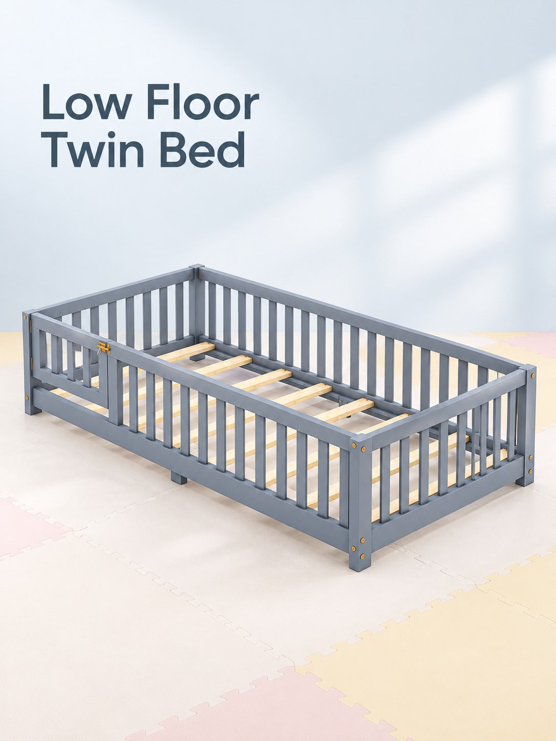 Low Floor Twin Bed with Guardrails and Door for Kids
