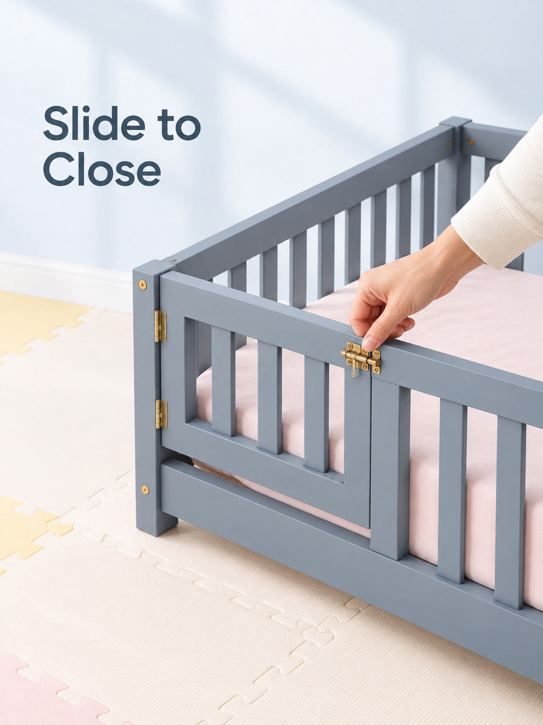 Low Floor Twin Bed with Guardrails and Door for Kids