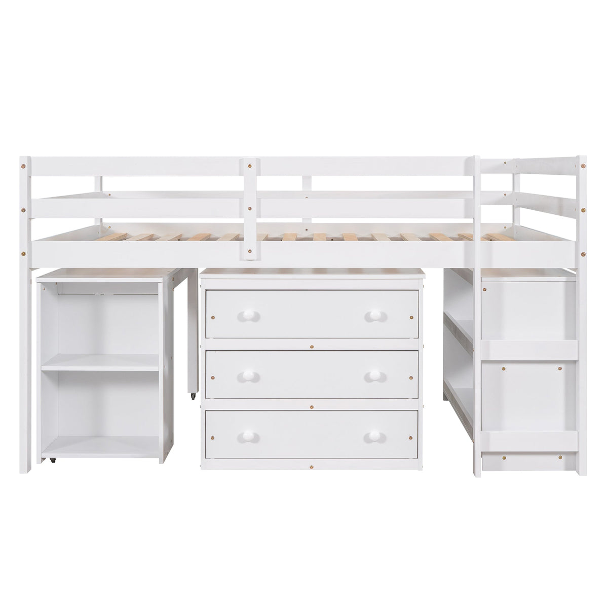 Low Kids Loft Bed with Drawers, Shelves & Desk, White