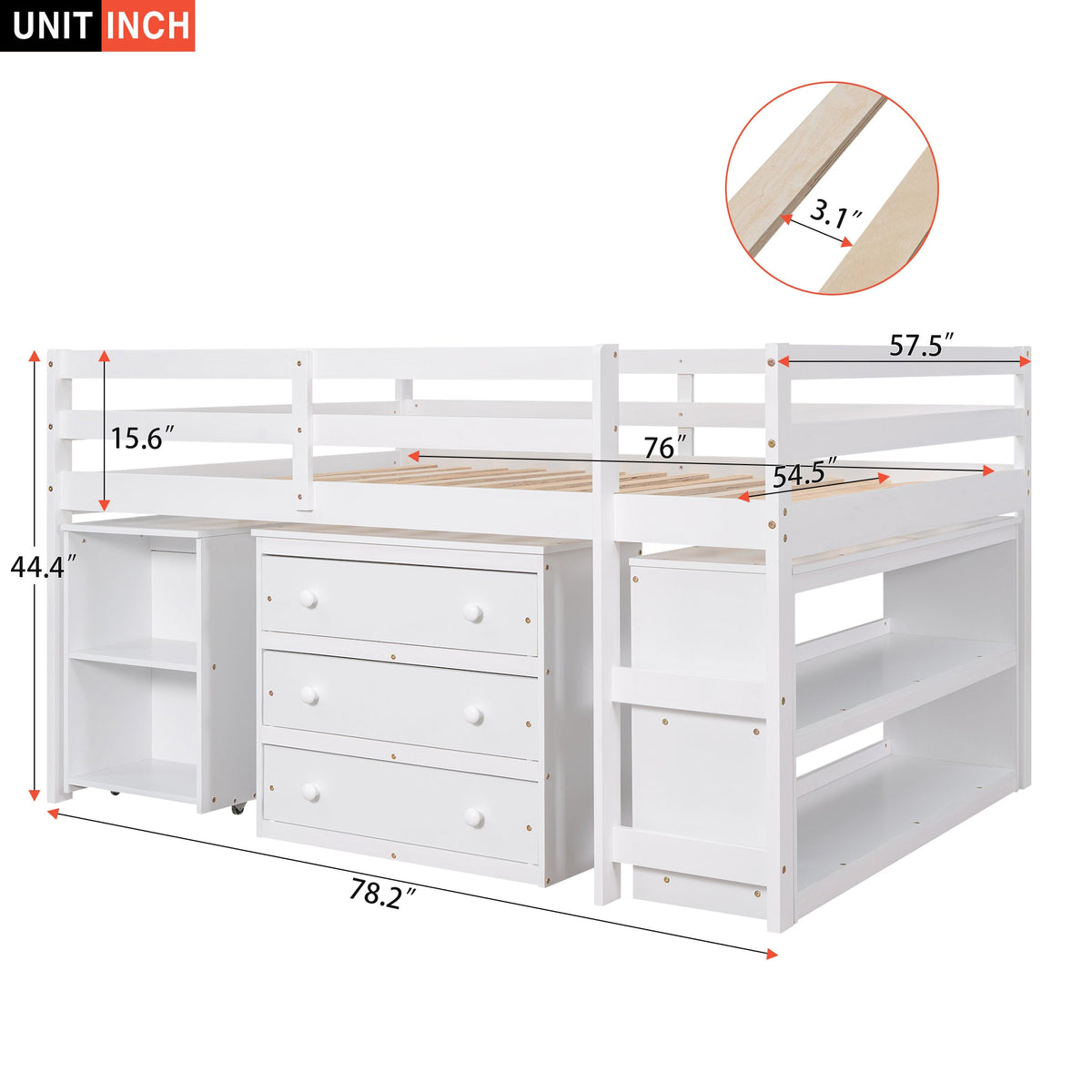 Low Kids Loft Bed with Drawers, Shelves & Desk, White