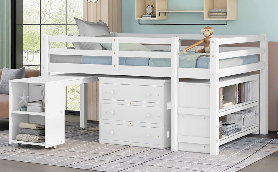 Low Kids Loft Bed with Drawers, Shelves & Desk, White