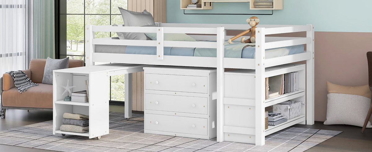 Low Kids Loft Bed with Drawers, Shelves & Desk, White