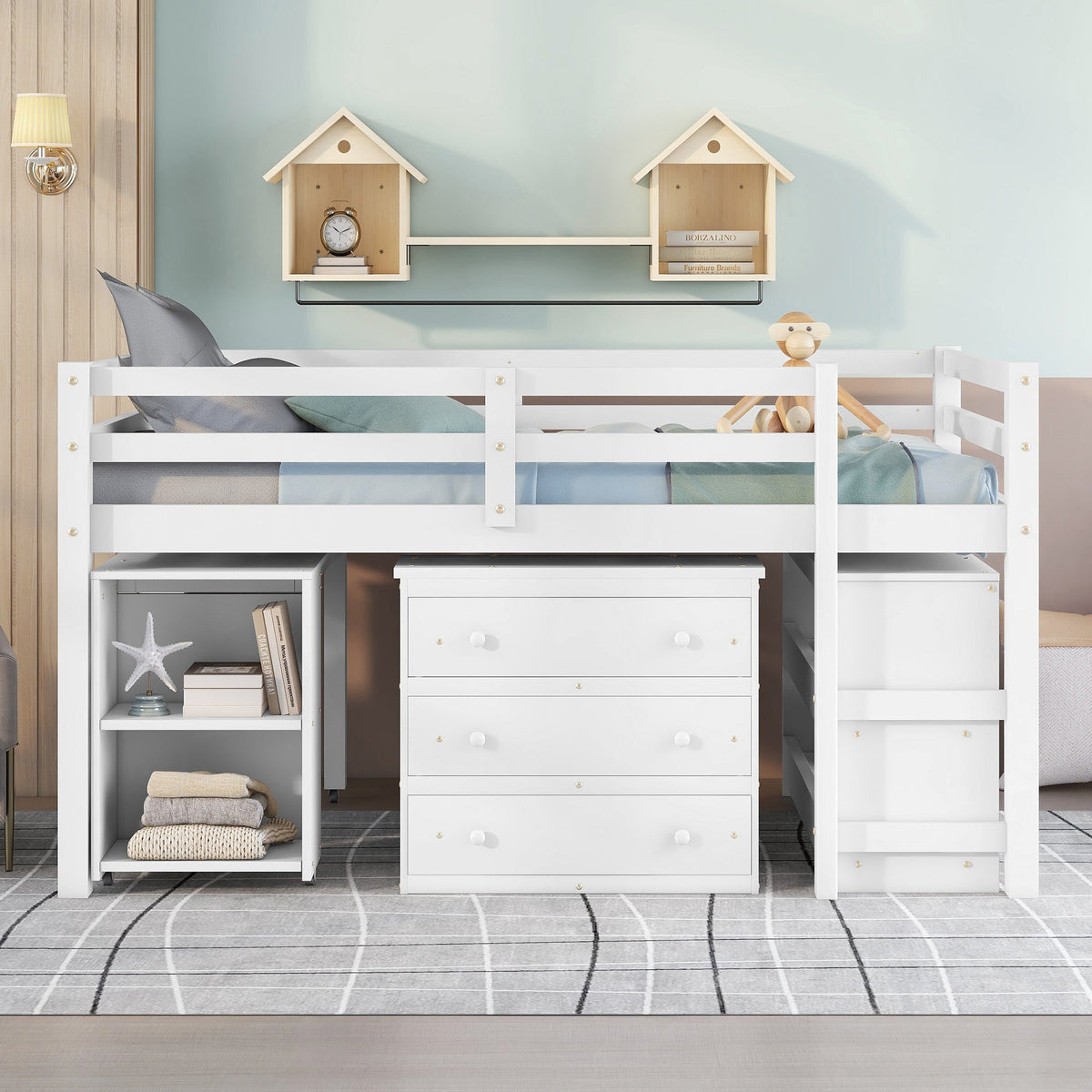 Low Kids Loft Bed with Drawers, Shelves & Desk, White