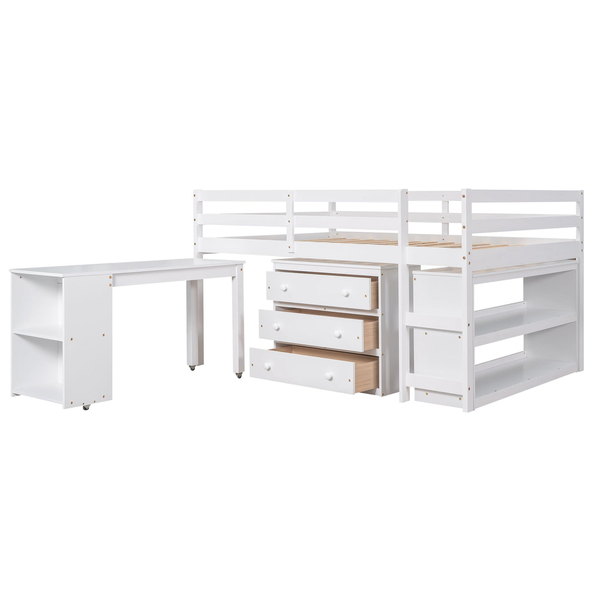 Low Kids Loft Bed with Drawers, Shelves & Desk, White