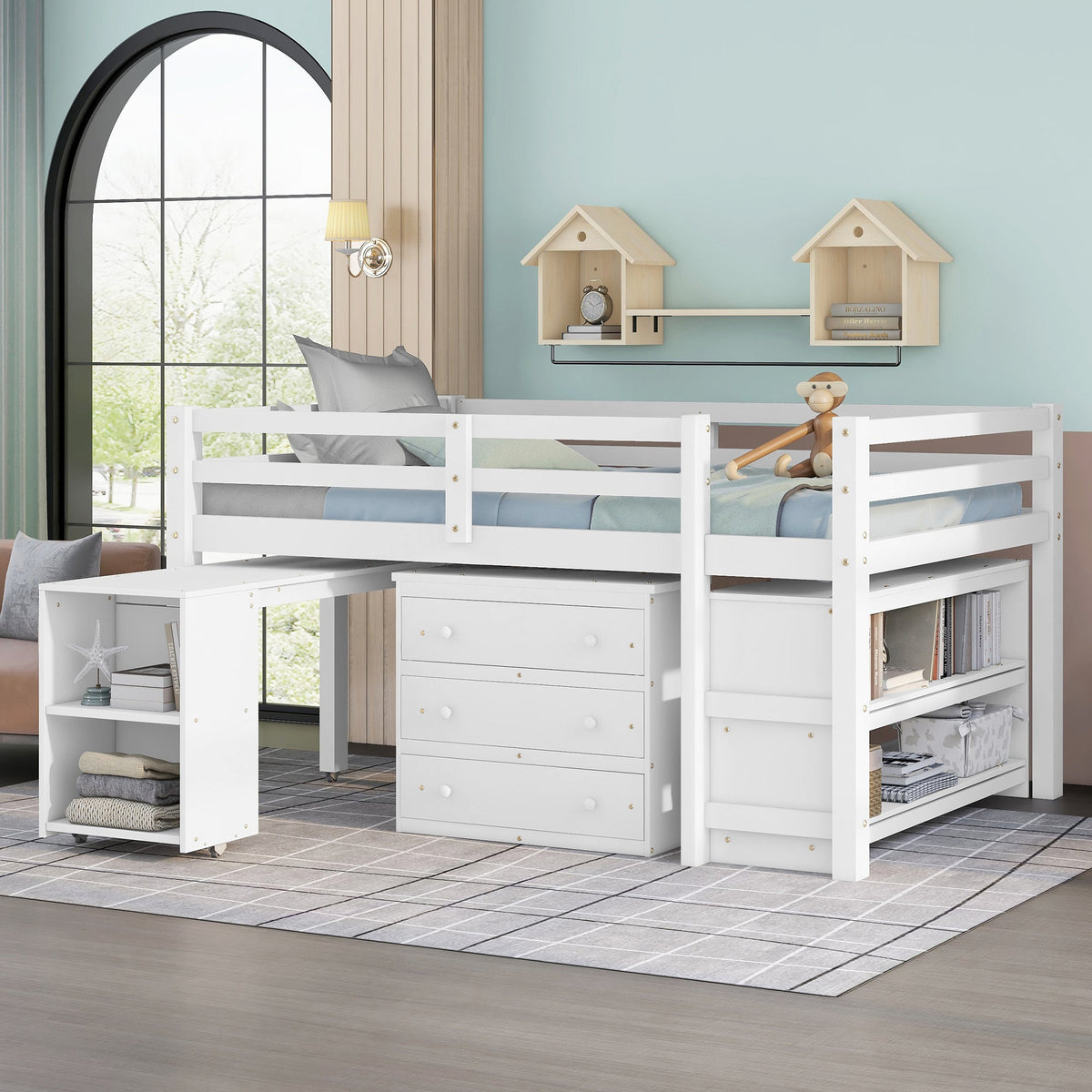 Low Kids Loft Bed with Drawers, Shelves & Desk, White