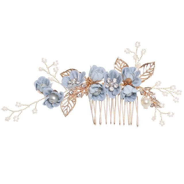Blue Flower Bridal Hair Comb with Gold Filigree Leaves