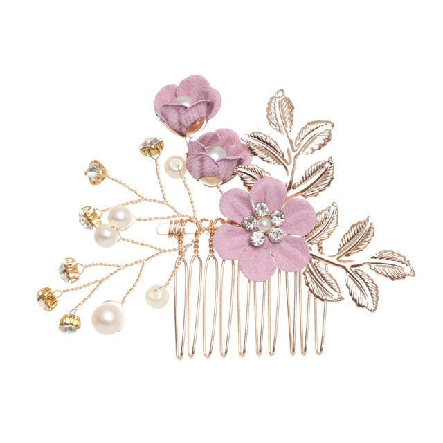 Blue Flower Bridal Hair Comb with Gold Filigree Leaves