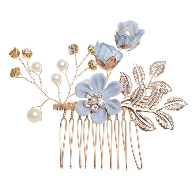 Blue Flower Bridal Hair Comb with Gold Filigree Leaves