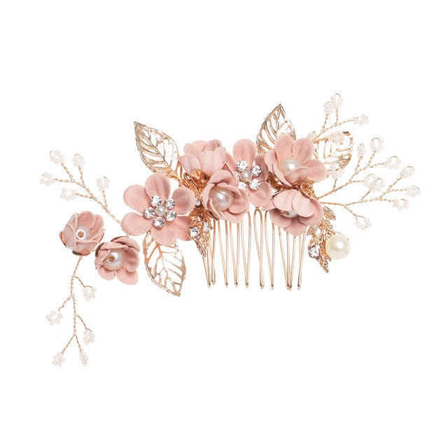 Blue Flower Bridal Hair Comb with Gold Filigree Leaves