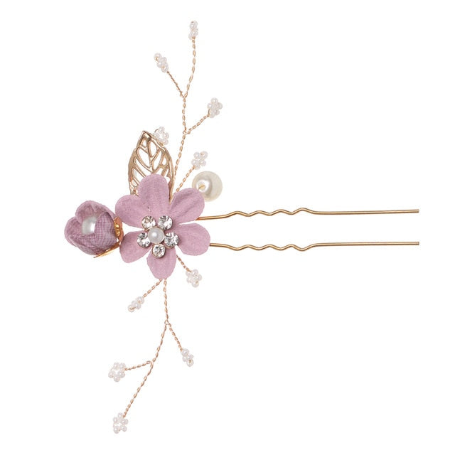 Blue Flower Bridal Hair Comb with Gold Filigree Leaves