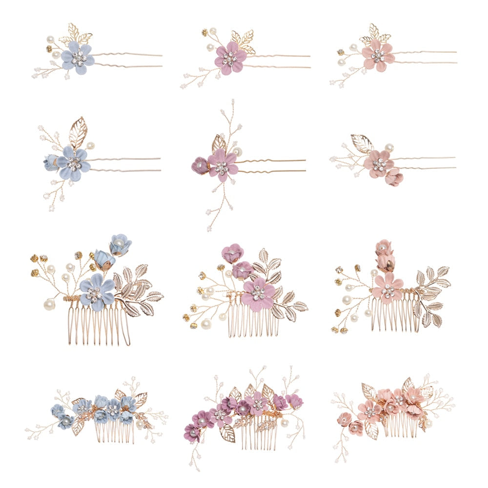Blue Flower Bridal Hair Comb with Gold Filigree Leaves