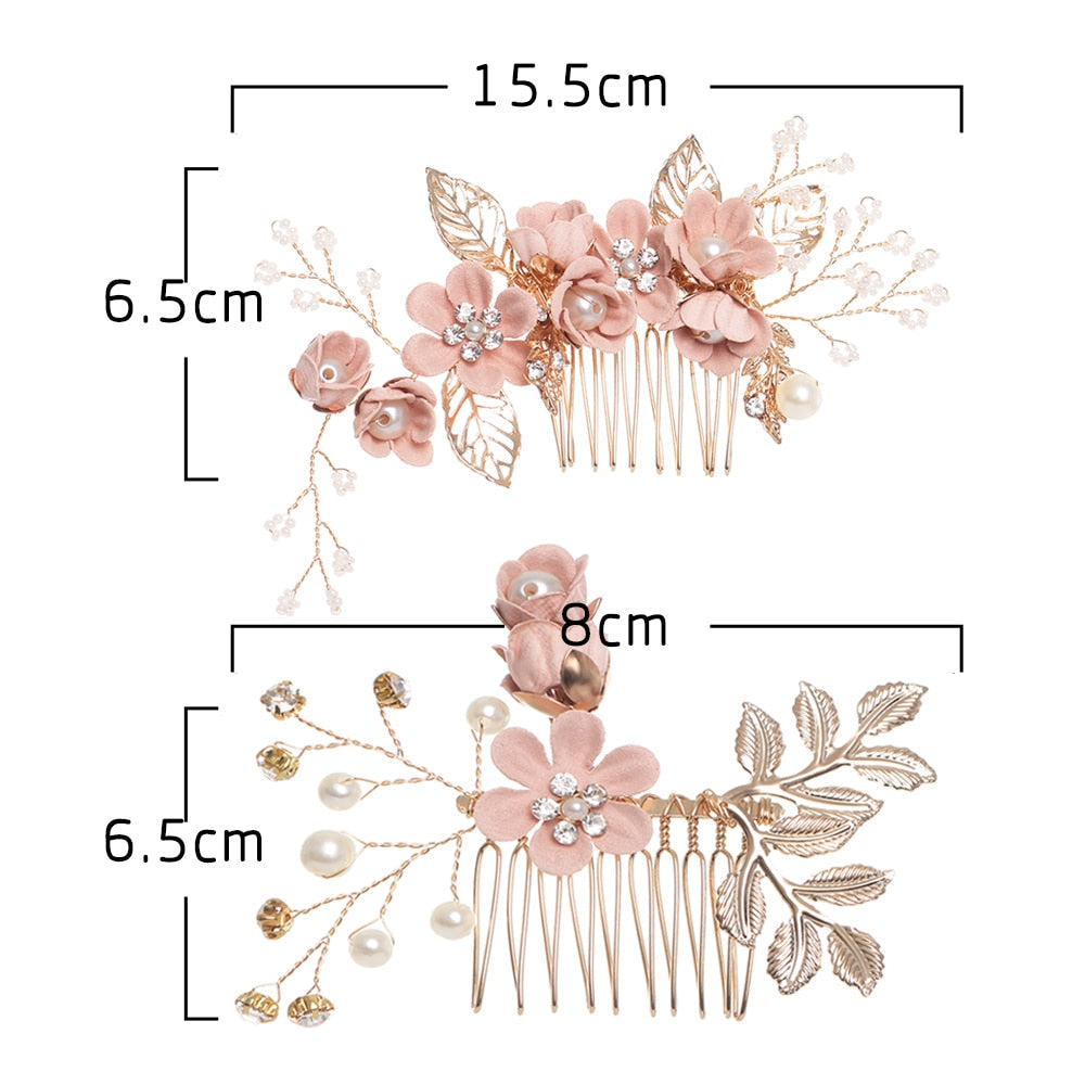Blue Flower Bridal Hair Comb with Gold Filigree Leaves