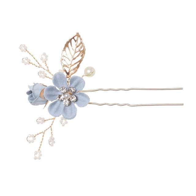 Blue Flower Bridal Hair Comb with Gold Filigree Leaves