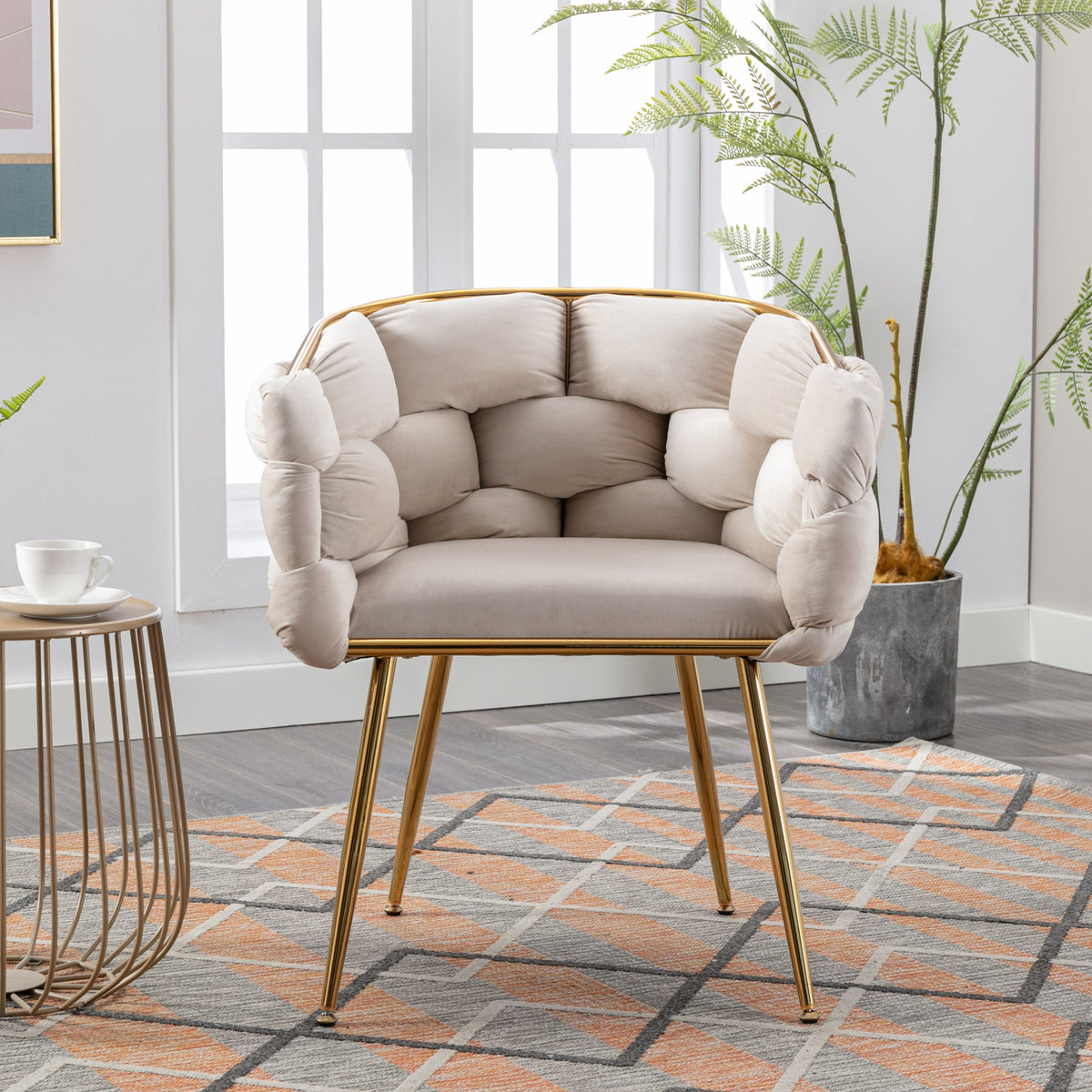 Beige Velvet Accent Chair with Gold Frame for Bedroom