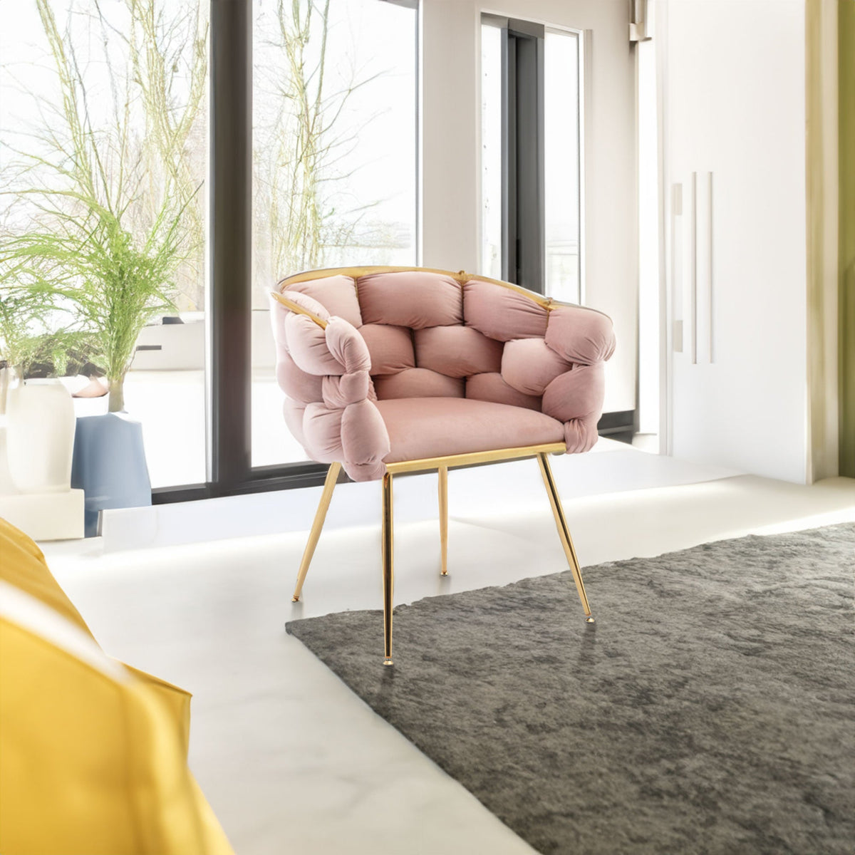 Pink Velvet Tufted Accent Chair with Gold Legs Set