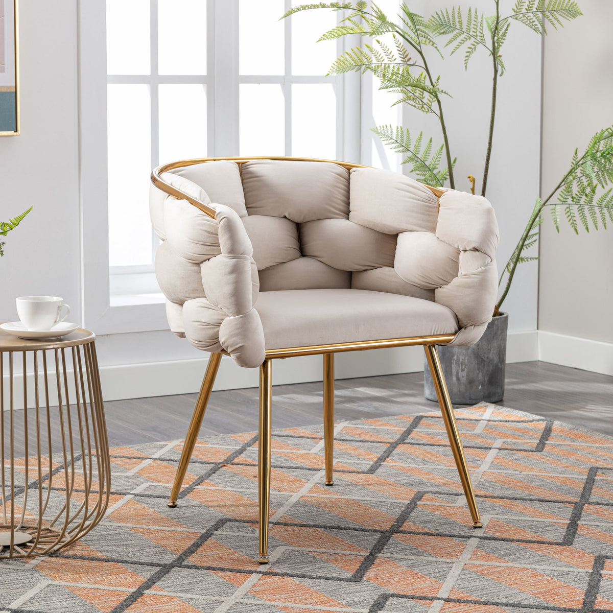 Beige Velvet Accent Chair with Gold Frame for Bedroom