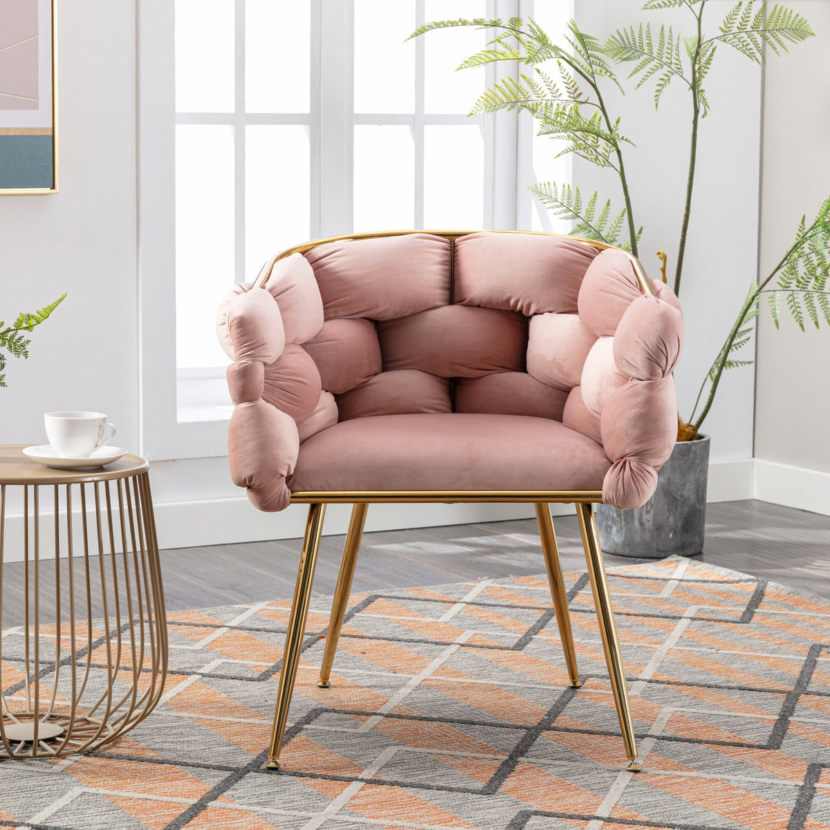Pink Velvet Tufted Accent Chair with Gold Legs Set